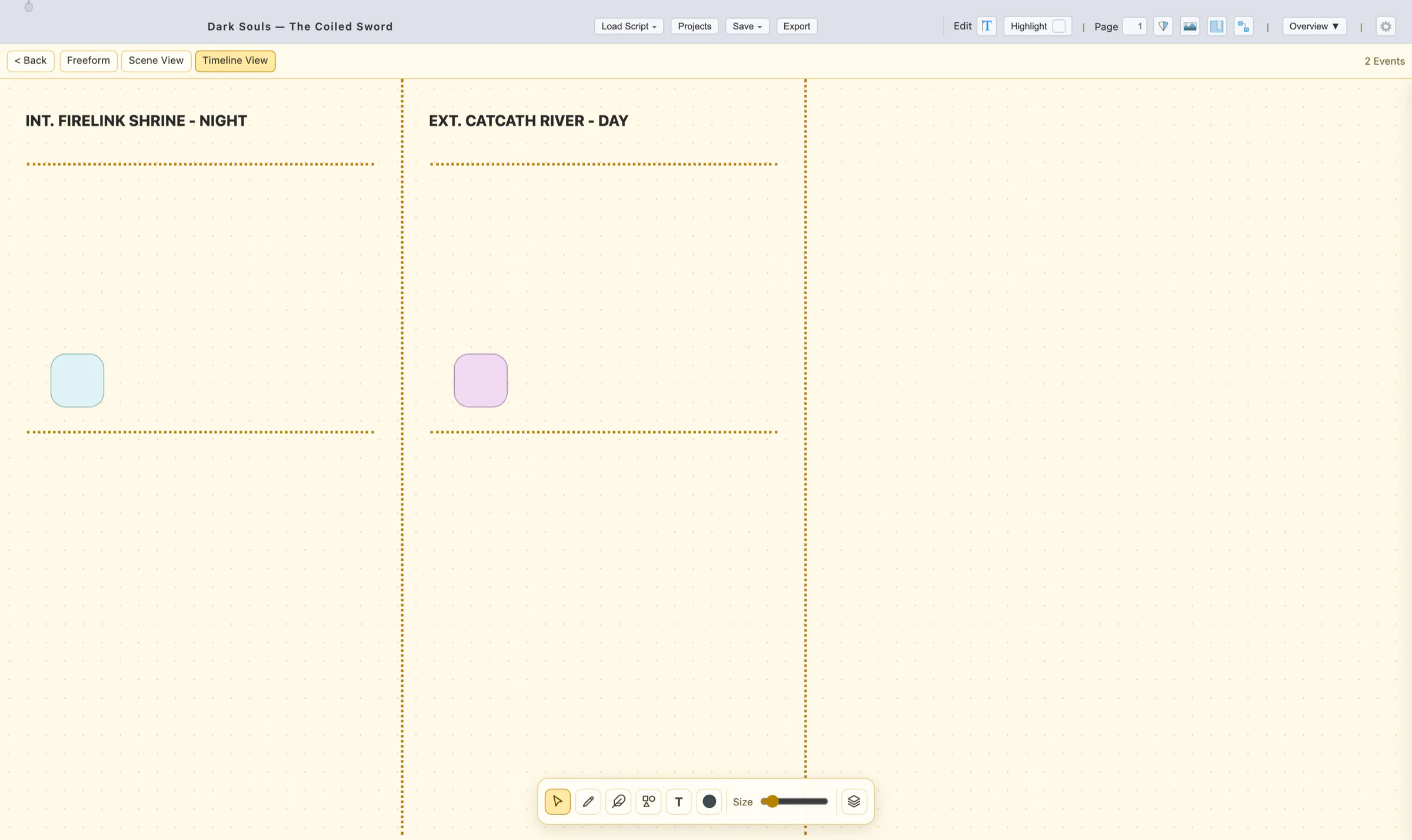 Event Graph Timeline View with a band per scene and coloured note bars placed along it